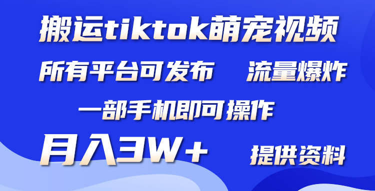 搬运Tiktok萌宠类视频，一部手机即可。所有短视频平台均可操作，月入3W+-网亿资源平台