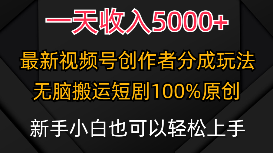 一天收入5000+，视频号创作者分成计划，最新100%原创玩法-网亿资源平台