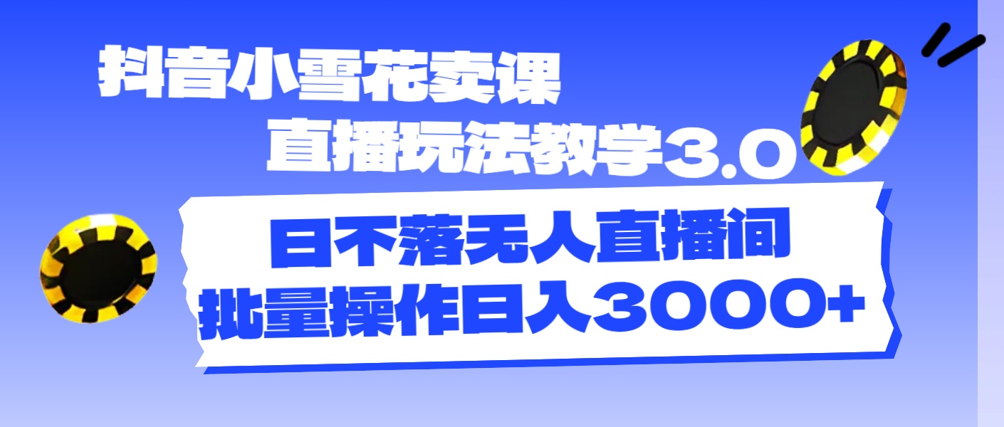 抖音小雪花卖课直播玩法教学3.0，日不落无人直播间-网亿资源平台
