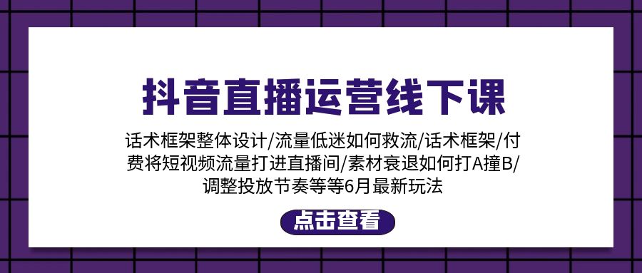 抖音直播运营线下课：话术框架/付费流量直播间/素材A撞B/等6月新玩法-网亿资源平台