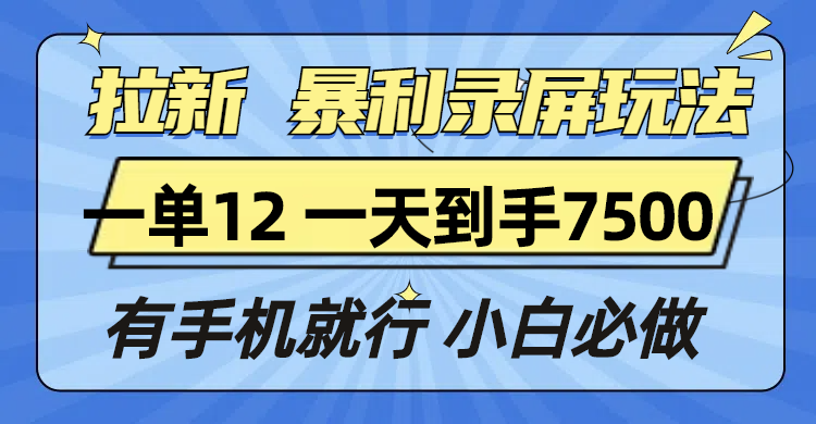 拉新暴利录屏玩法，一单12块，一天到手7500-网亿资源平台