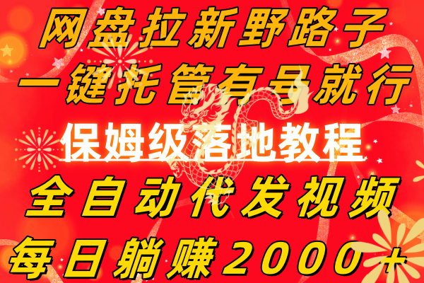 网盘拉新野路子，一键托管有号就行，全自动代发视频，每日躺赚2000＋-网亿资源平台