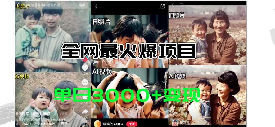 全网爆火的AI让老照片动起来教程，蹭热点日赚3000+，内含免费工具一键生成-网亿资源平台