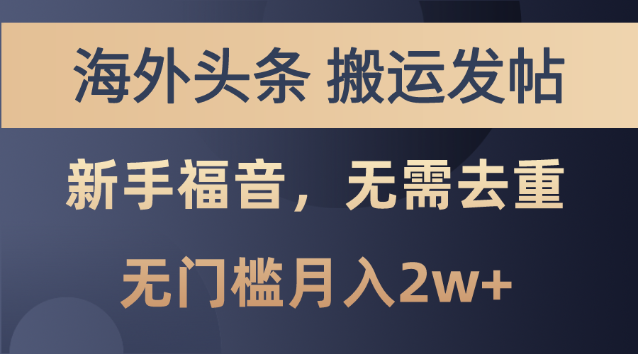 海外头条搬运发帖，新手福音，甚至无需去重，无门槛月入2w+-网亿资源平台