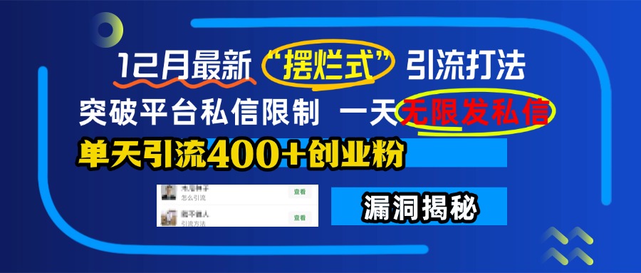 12月最新“摆烂式”引流打法，突破平台私信限制，一天无限发私信，单天引流400+创业粉！-网亿资源平台