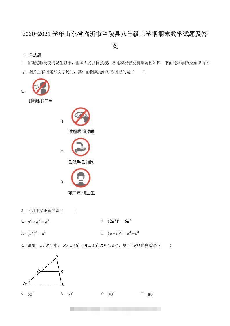 2020-2021学年山东省临沂市兰陵县八年级上学期期末数学试题及答案(Word版)-网亿资源平台