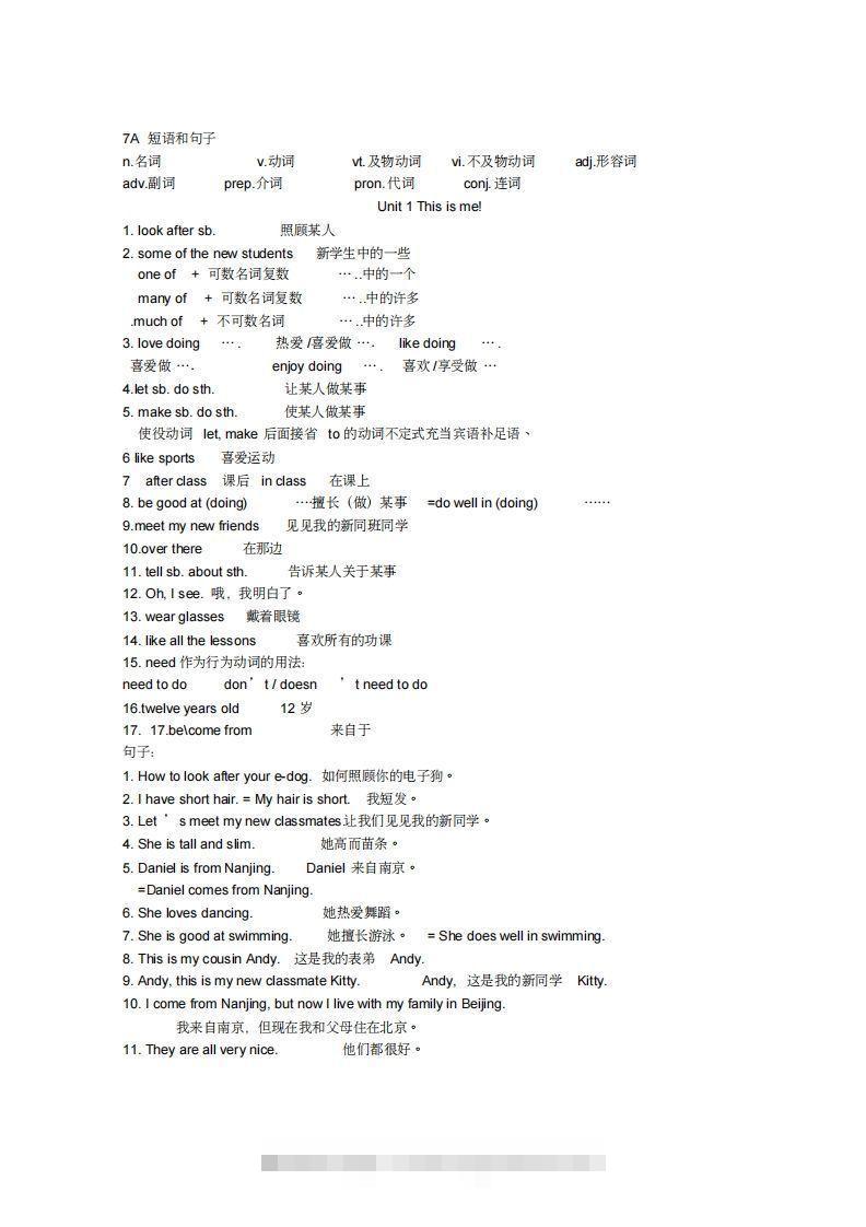 新牛津英语译林版七年级上册各单元全部重点短语和句子-网亿资源平台