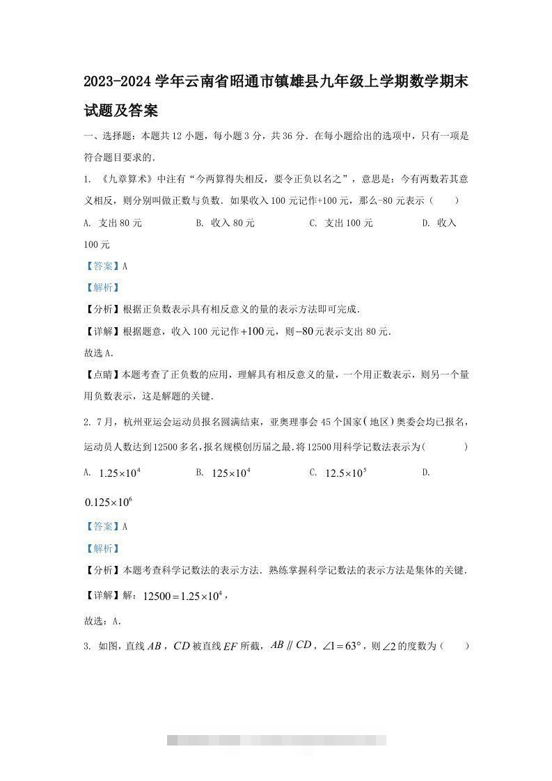 2023-2024学年云南省昭通市镇雄县九年级上学期数学期末试题及答案(Word版)-网亿资源平台
