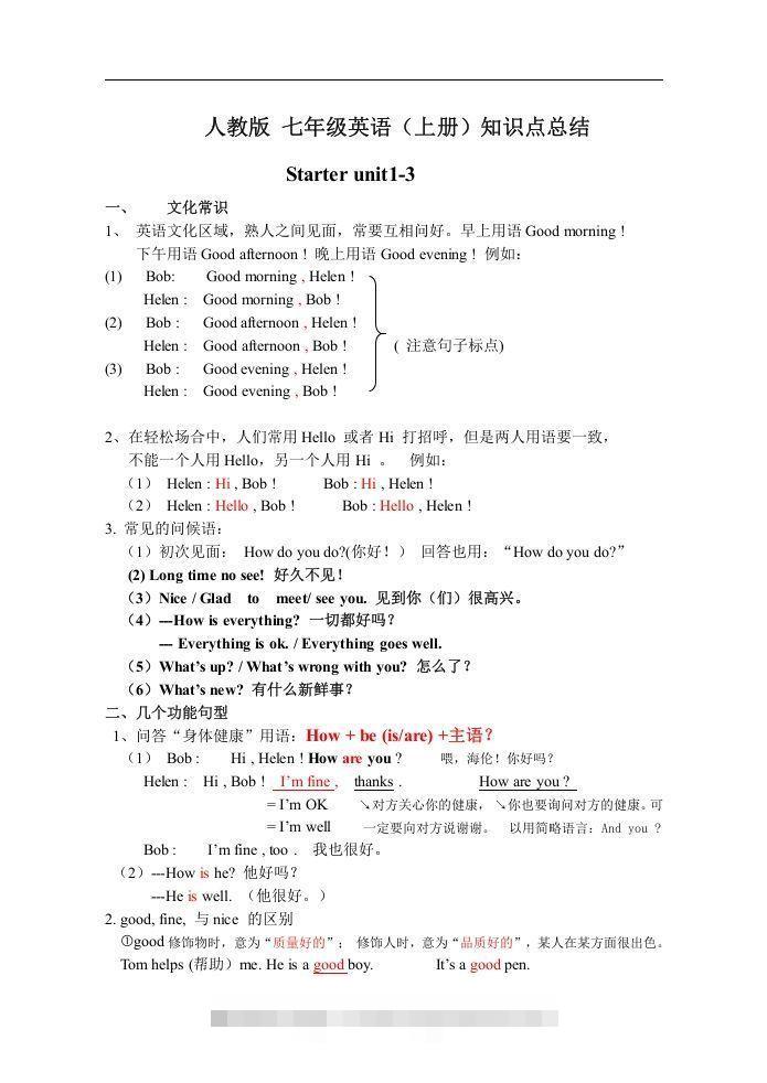 七年级上册：英语知识点汇总（人教版）-网亿资源平台