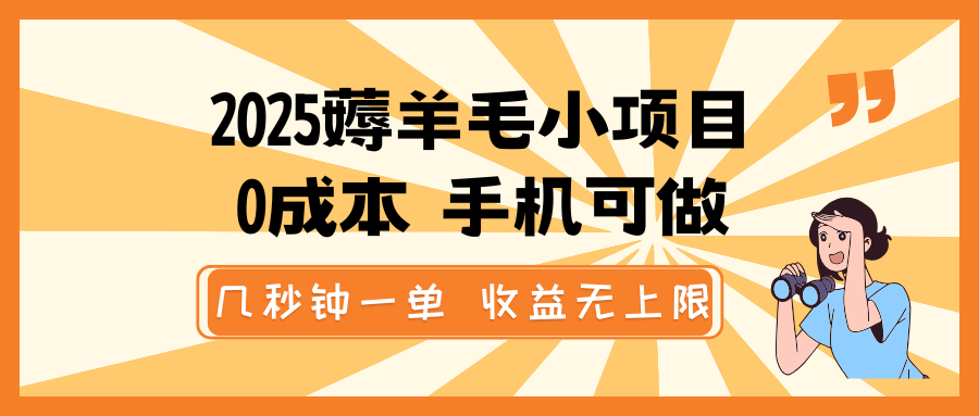 2025薅羊毛小项目，0成本 手机可做，几秒钟一单，收益无上限-网亿资源平台