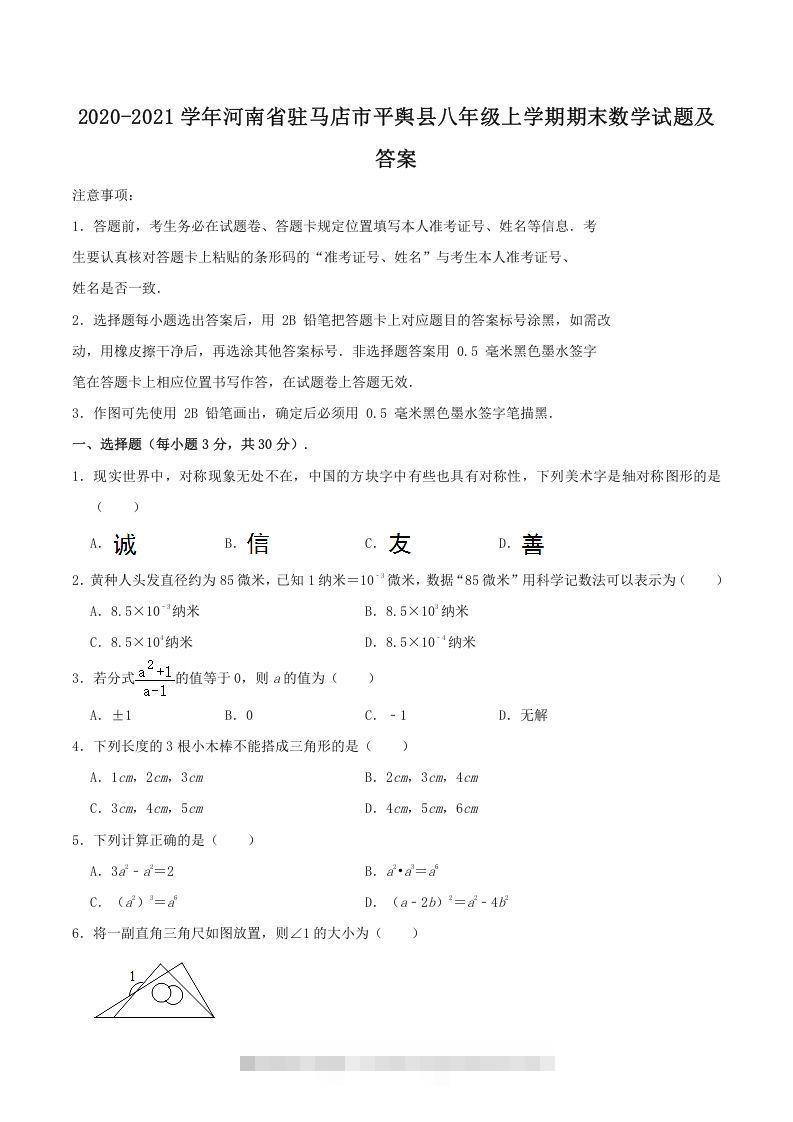 2020-2021学年河南省驻马店市平舆县八年级上学期期末数学试题及答案(Word版)-网亿资源平台