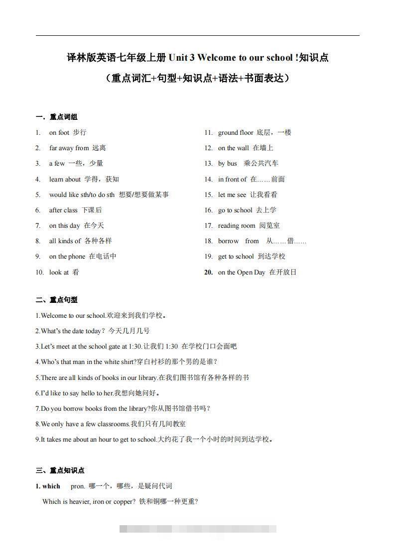译林版英语七年级上册‬Unit3Welcometoourschool知识点_decrypted-网亿资源平台
