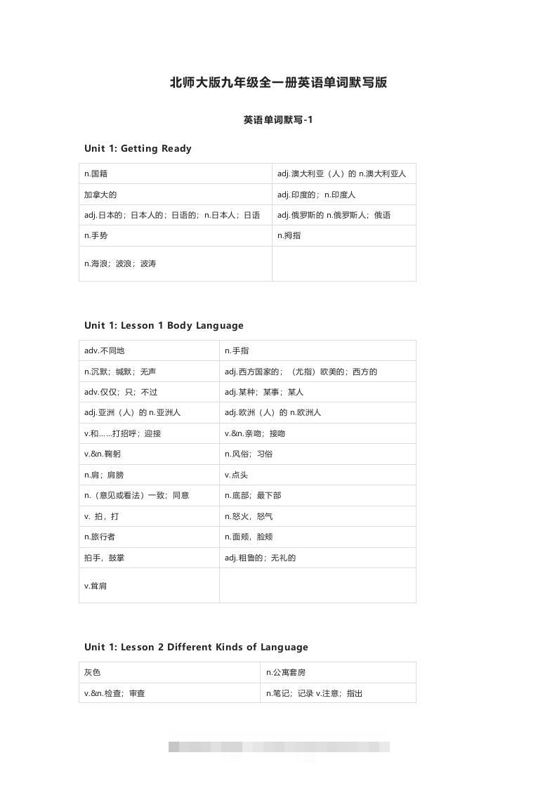 北师大版九年级上册英语单词默写表-网亿资源平台