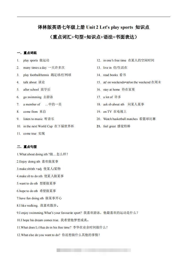译林版英语七年级上册Unit2Let’splaysports知识点_-网亿资源平台