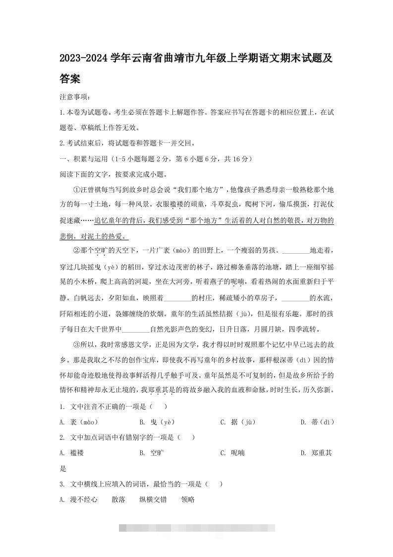 2023-2024学年云南省曲靖市九年级上学期语文期末试题及答案(Word版)-网亿资源平台
