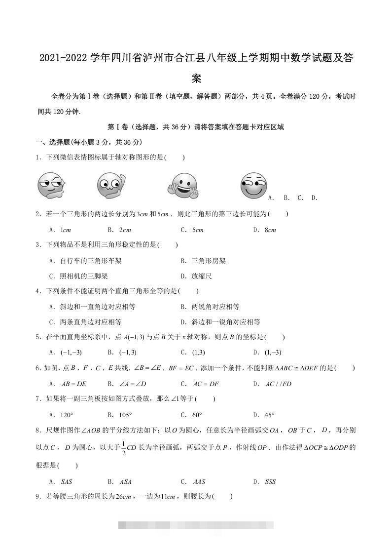 2021-2022学年四川省泸州市合江县八年级上学期期中数学试题及答案(Word版)-网亿资源平台