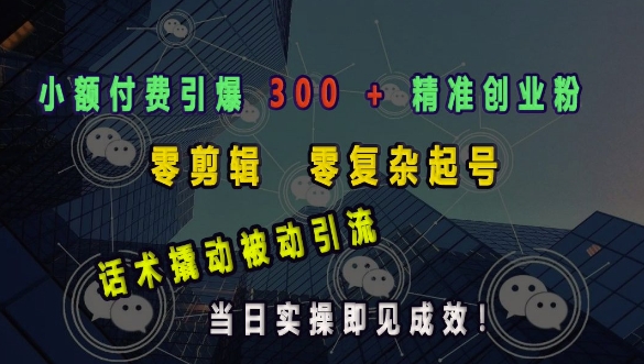 小额付费引爆 300 + 精准创业粉，零剪辑、零复杂起号，话术撬动被动引流，当日实操即见成效-网亿资源平台