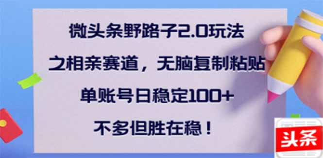 （14334期）微头条野路子2.0玩法之相亲赛道，无脑搬砖复制粘贴，单账号日稳定300+...-网亿资源平台