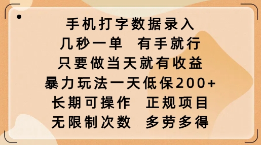 手机打字数据录入，几秒一单，有手就行，只要做当天就有收益，暴力玩法一天低保2张-网亿资源平台