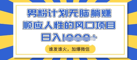 男粉计划无脑躺Z，顺应人性的风口项目，谁发谁火，加爆微信，日入多张【揭秘】-网亿资源平台