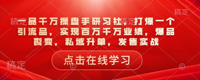 一品千万操盘手研习社，打爆一个引流品，实现百万千万业绩，爆品裂变，私域升单，发售实战-网亿资源平台