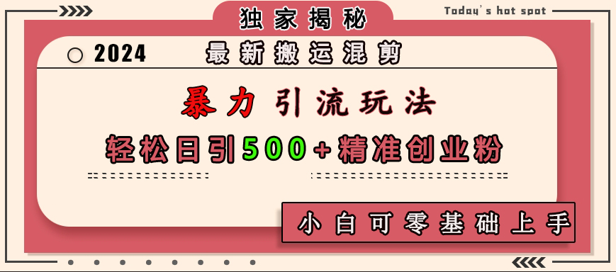 最新搬运混剪暴力引流玩法，轻松日引500+精准创业粉，小白可零基础上手-网亿资源平台