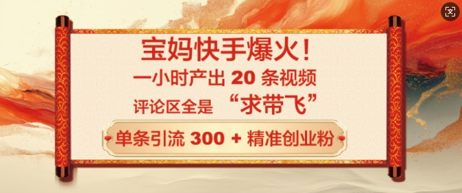 宝妈快手爆火，一小时产出 20 条视频，评论区全是 “求带飞”，单条引流 300 + 精准创业粉-网亿资源平台